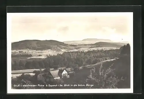 AK Picka, Gasthof Waldfrieden mit Blick in die böhm. Berge