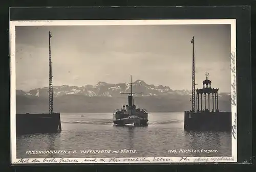 AK Friedrichshafen am Bodensee, Hafenpartie mit Säntis