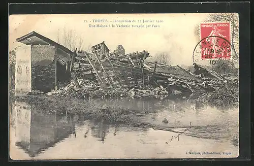 AK Inondations Janvier 1910, Troyes - Une Maison à la Vacherie ravagèe par l`eau, Hochwasser