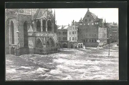 AK Nürnberg, Hochwasser-Katastrophe am 5. Februar 1909 - Hauptmarkt mit Liebfrauenkirche und Plobenhofstrasse