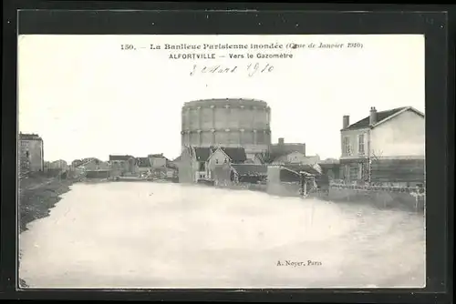 AK La banlieue Parisienne inondèe (Janvier 1910), Alfortville - Vers le Gazomètre, Hochwasser