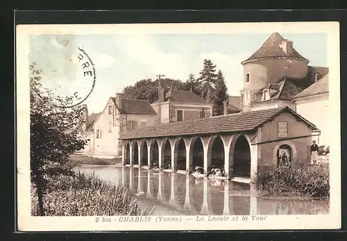 AK Chablis, Le Lavoir et la Tour, Waschfrauen bei der Arbeit