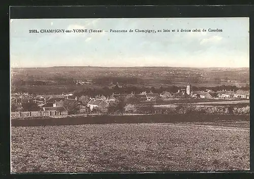 AK Champigny-sur-Yonne, Panorama de Champigny, au loin et à drone celui de Courlon