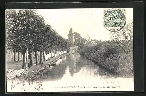 AK Ligny-le-Chatel, Les Bords du Serein, Blick vom kanal zur Kirche