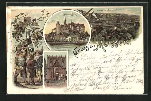 Lithographie Meissen, die kgl. Porzellanmanufaktur, die Albrechtsburg, am Dom, Zwerge trinken Wein