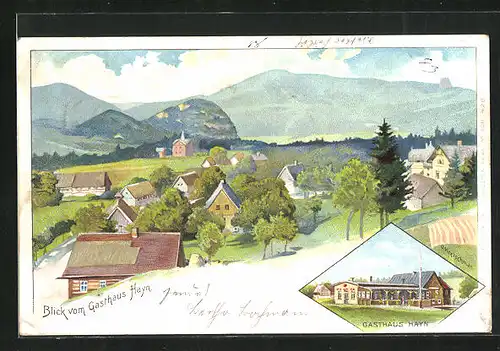 Künstler-AK Königstein a.d. Elbe, Blick vom Gasthaus Hayn auf den Ort