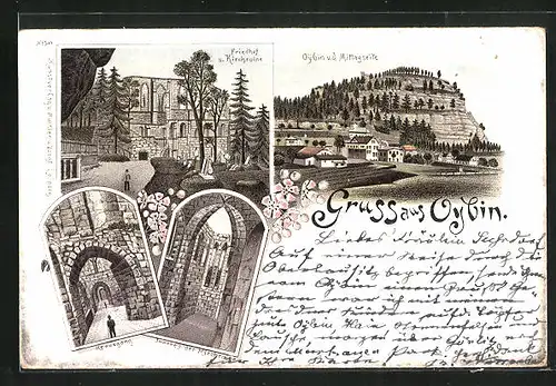 Lithographie Oybin, Ansicht von der Mittagseite, Friedhof und Kirchenruine, Kreuzgang