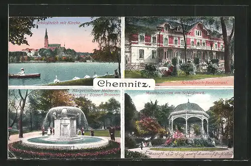 AK Chemnitz, Schlossteich mit Kirche, Schlossteich-Restaurant, Musikpavillon, Müller- und Zipper Brunnen