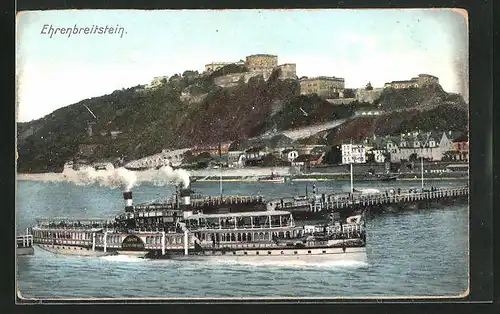 AK Ehrenbreitstein, Dampfschiff an der Landungsbrücke unter der Burg