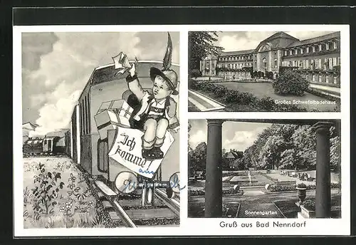 AK Bad Nenndorf, das grosse Schwefelbadehaus, im Sonnengarten, Junge fährt Bahn und bringt Geschenke