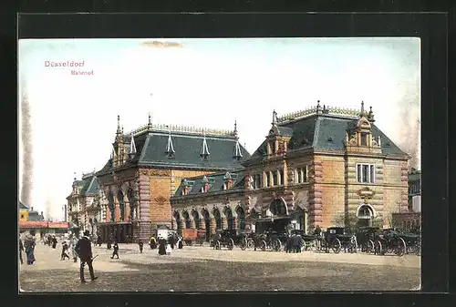 AK Düsseldorf, Pferdekutschen vor dem Hauptbahnhof