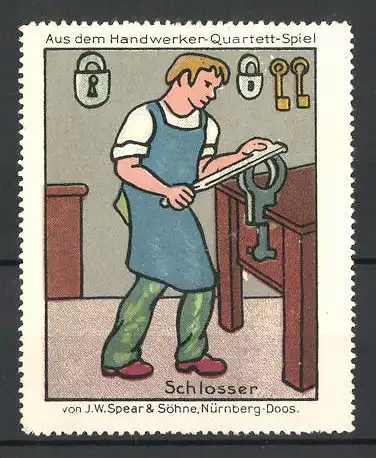Reklamemarke Schlosser bearbeitet Metall an der Schraubzwinge, Serie: Aus dem Handwerker Quartett-Spiel