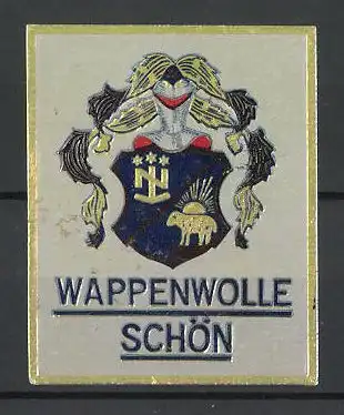 Präge-Reklamemarke Wappenwolle Schön, Wappen mit Ritterrüstung