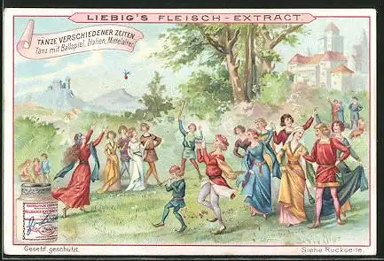 Sammelbild Liebig, Tänze verschiedener Zeiten, Tanz mit Ballspiel, Italien Mittelalter