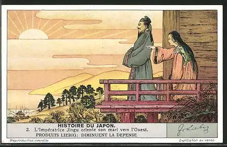 Sammelbild Liebig, Historie du Japon, L`Impératrice Jingu oriente son mari vers l`Ouest, Japan