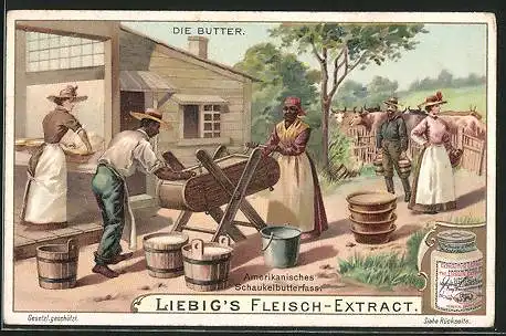 Sammelbild Liebig, Die Butter, Amerikanisches Schaukelbutterfass