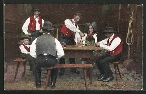 AK Männer und Mädchen in elsass-lothringischer Tracht am Tisch