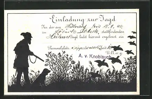 AK Einladung zur Jagd, Schattenbild, Jäger mit Hund und Vögeln