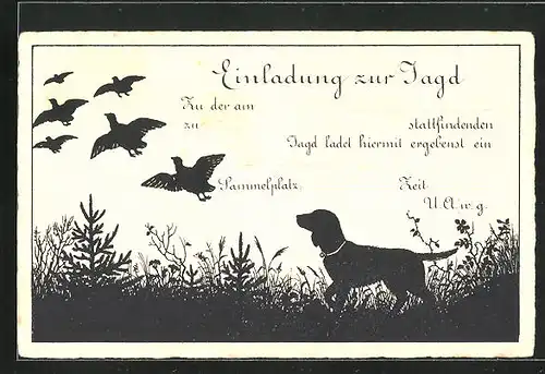 AK Einladung zur Jagd, Schattenbild, Hund und Vögel