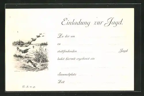AK Einladung zur Jagd, Jäger mit einem Hasen und Vögeln