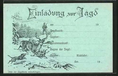 AK Einladung zur Jagd, Jäger mit Hunden und einem Hirsch