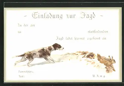 AK Einladung zur Jagd, Hund läuft einem Hasen nach