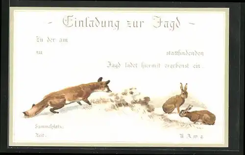 AK Einladung zur Jagd, Fuchs wittert Hasen im Schnee