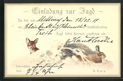 AK Einladung zur Jagd, Fuchs und Hase im Schnee