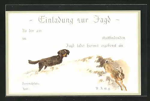 AK Einladung zur Jagd, Hund und Hase im Schnee