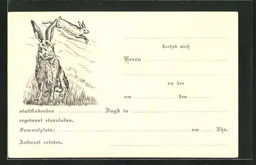 AK Einladung zur Jagd, Hase sitzt im Gras