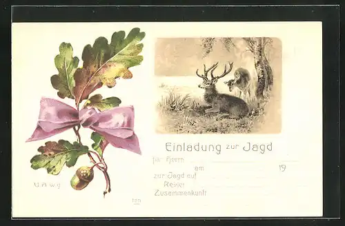 Präge-AK Einladung zur Jagd, Hirsch und Reh an einem Baum, Eichenblatt mit Eichel und Schleife