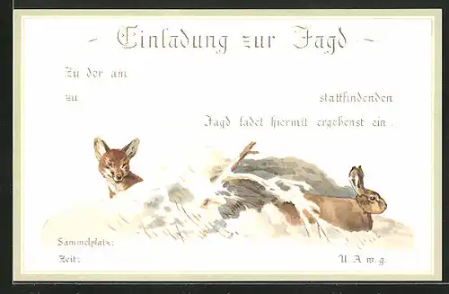 AK Einladung zur Jagd, Fuchs und Hase im Schnee