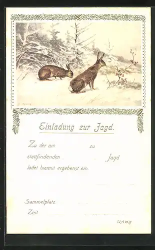 Künstler-AK Jagdeinladung, Hasen im Schnee