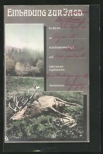 AK Jagdeinladung, Erlegter Hirsch im Feld