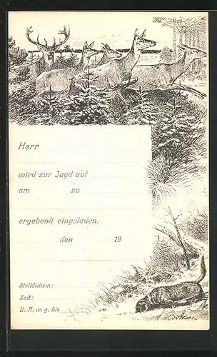 Künstler-AK Jagdeinladung, Hirschrudel