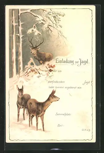 Lithographie Jagdeinladung, Hirsch mit seinen Kühen