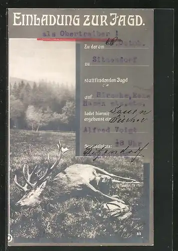 AK Jagdeinladung, erlegter kapitaler Hirsch