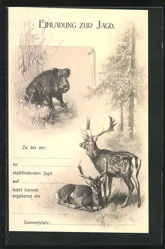 Künstler-AK Jagdeinladung, Wildschwein, Damwild