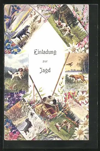 Künstler-AK Jagdeinladung, Jagdhunderassen