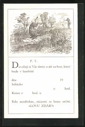 Künstler-AK Jagdeinladung, Jäger schiesst auf Hasen