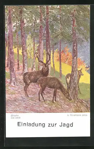 Künstler-AK Jagdeinladung, Hirsche am Waldesrand