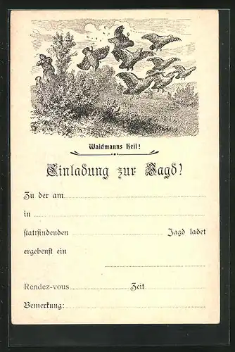 Künstler-AK Jagdeinladung, Rebhühner flattern davon