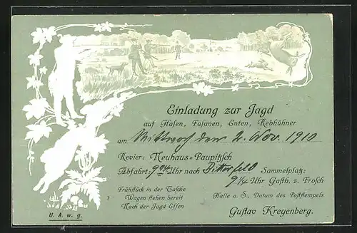 Präge-Künstler-AK Jagdeinladung 1910, Hasenjagd