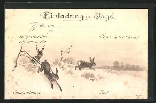 Lithographie Jagdeinladung mit Hasen im Winter
