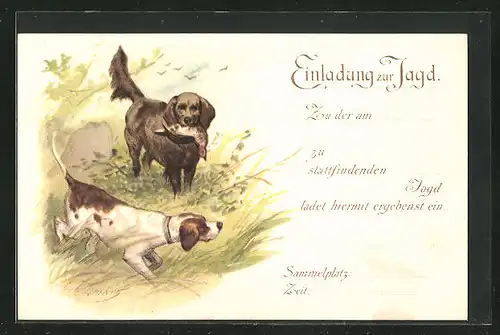 Lithographie Jagdeinladung mit Jagdhunden und erlegtem Rebhuhn