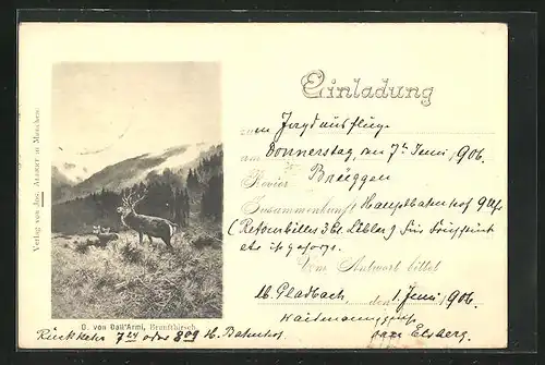Lithographie Jagdeinladung mit Hirsch im Bergesland