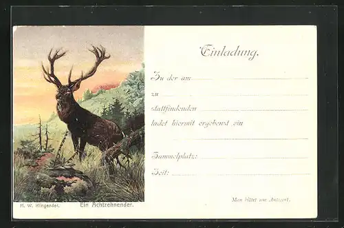 Künstler-AK Jagdeinladung mit Hirsch in der Morgenröte