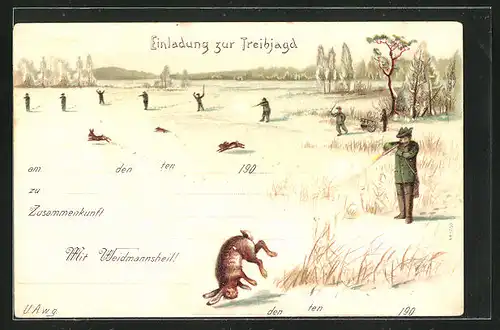 Lithographie Jagdeinladung mit zahlreichen Jägern und Hasen