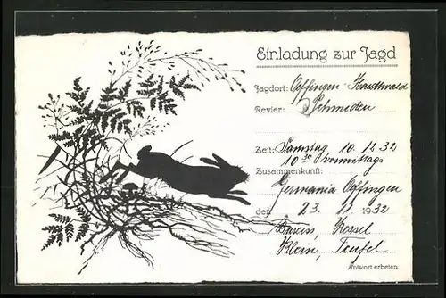 Künstler-AK Jagdeinladung mit Scherenschnitt von einem Hasen