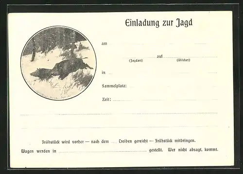 Künstler-AK Jagdeinladung mit flüchtender Wildschweinrotte